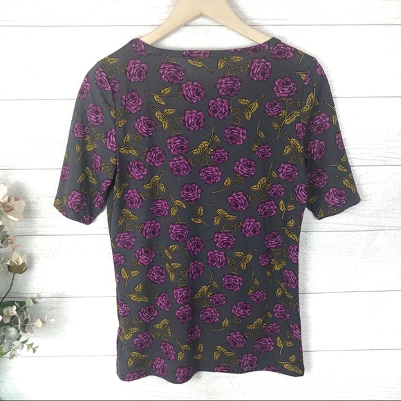 LULAROE Gray Purple Rose Pattern Tee Shirt Top - Picture 3 of 6